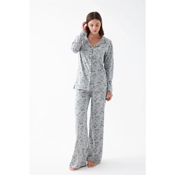 MİRAY- Kadın Gri Desenli Düğmeli Pamuklu Pijama Takımı