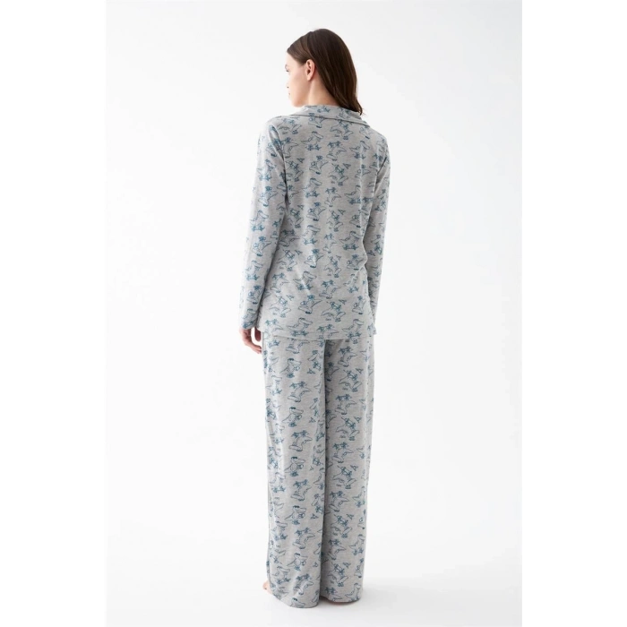 MİRAY- Kadın Gri Desenli Düğmeli Pamuklu Pijama Takımı