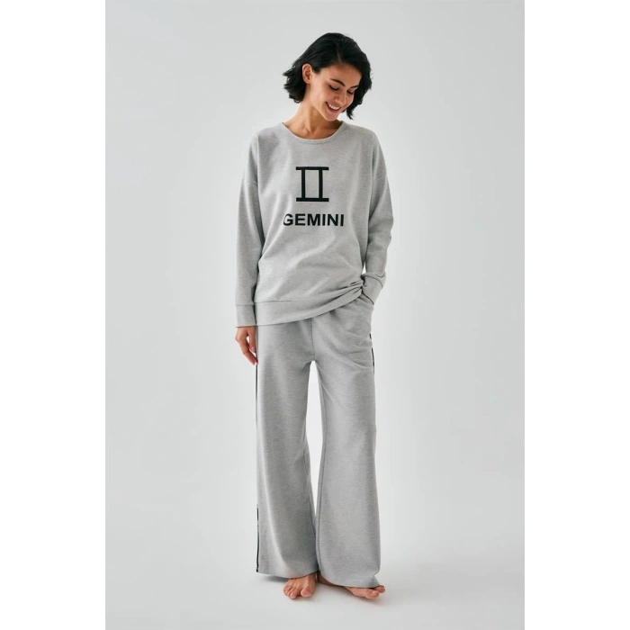 MİRAY- Kadın Gri İkizler Burcu Oversize 2 İplik Eşofman Ev Giyim Takımı