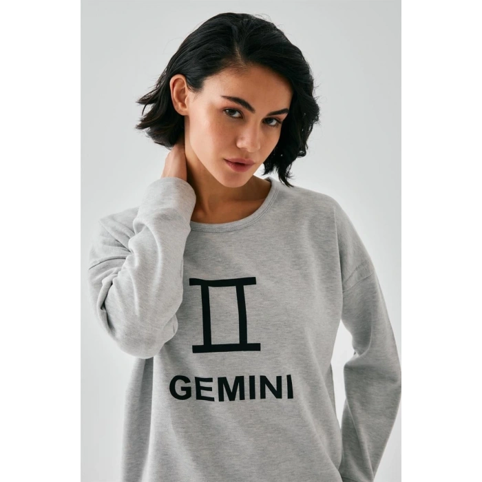 MİRAY- Kadın Gri İkizler Burcu Oversize 2 İplik Eşofman Ev Giyim Takımı