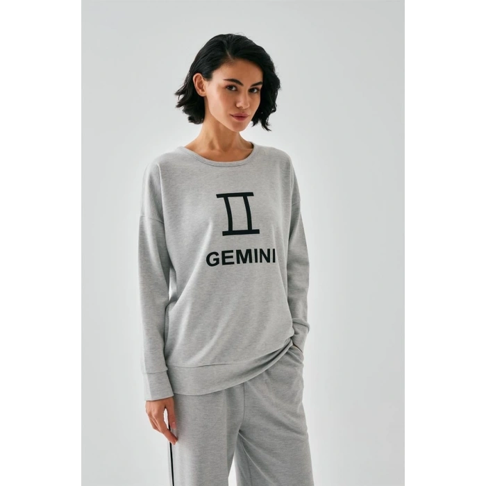 MİRAY- Kadın Gri İkizler Burcu Oversize 2 İplik Eşofman Ev Giyim Takımı