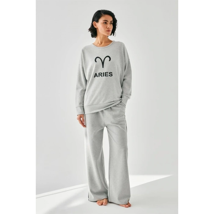 MİRAY- Kadın Gri Koç Burcu Oversize 2 İplik Eşofman Ev Giyim Takımı