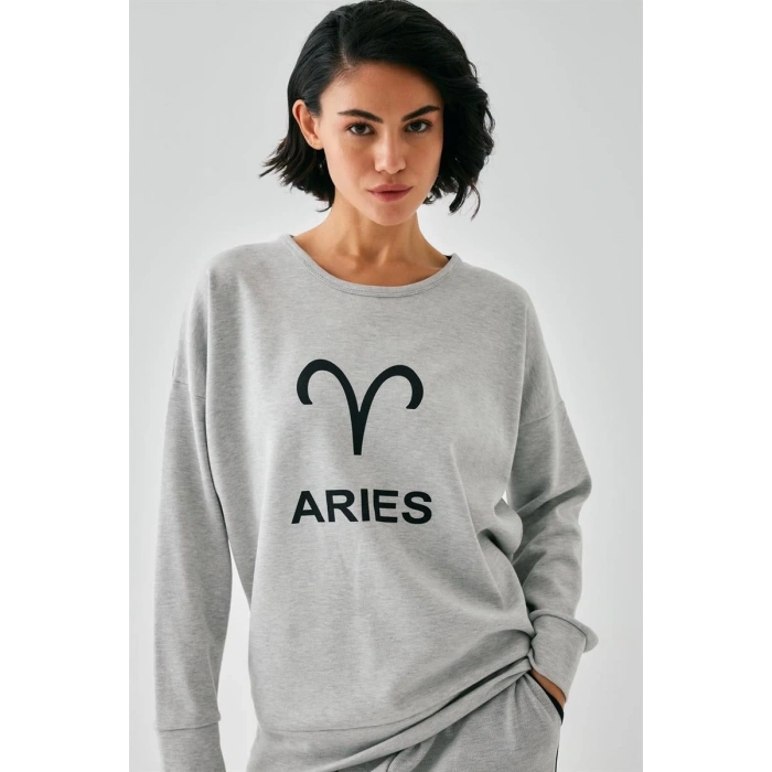 MİRAY- Kadın Gri Koç Burcu Oversize 2 İplik Eşofman Ev Giyim Takımı