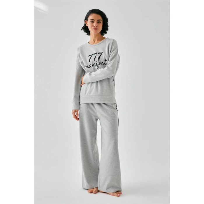MİRAY- Kadın Gri Manifest Oversize 2 İplik Eşofman Ev Giyim Takımı