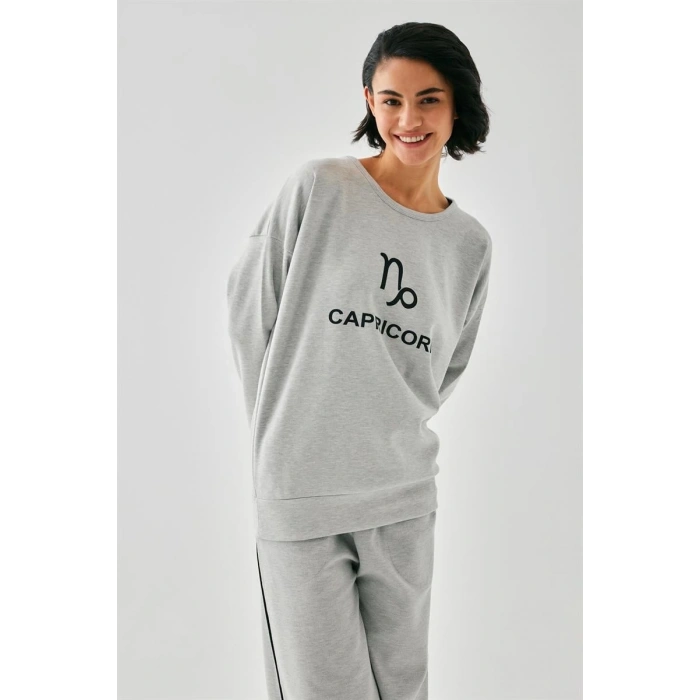 MİRAY- Kadın Gri Oğlak Burcu Oversize 2 İplik Eşofman Ev Giyim Takımı