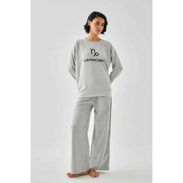 MİRAY- Kadın Gri Oğlak Burcu Oversize 2 İplik Eşofman Ev Giyim Takımı