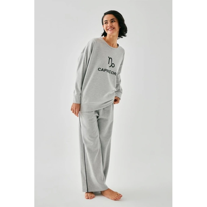 MİRAY- Kadın Gri Oğlak Burcu Oversize 2 İplik Eşofman Ev Giyim Takımı