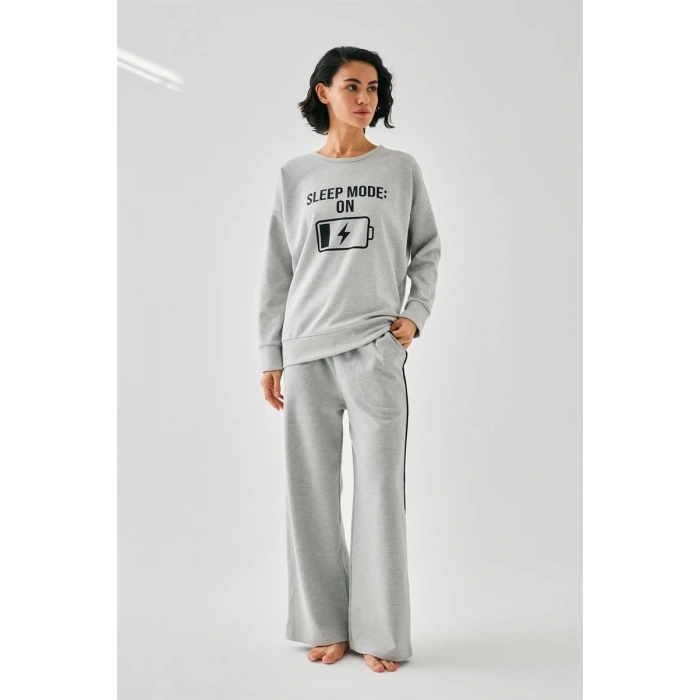 MİRAY- Kadın Gri Sleep Mode ON Oversize 2 İplik Eşofman Ev Giyim Takımı
