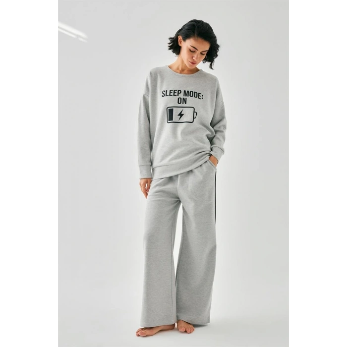 MİRAY- Kadın Gri Sleep Mode ON Oversize 2 İplik Eşofman Ev Giyim Takımı