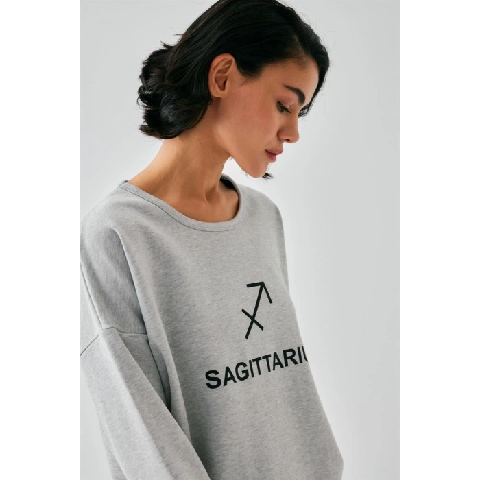 MİRAY- Kadın Gri Yay Burcu Oversize 2 İplik Eşofman Ev Giyim Takımı