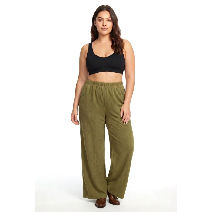 MİRAY- Kadın Haki Dokulu Büyük Beden Cepli Pijama Altı