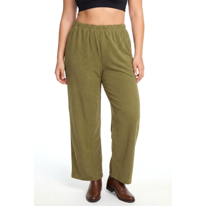 MİRAY- Kadın Haki Dokulu Büyük Beden Cepli Pijama Altı