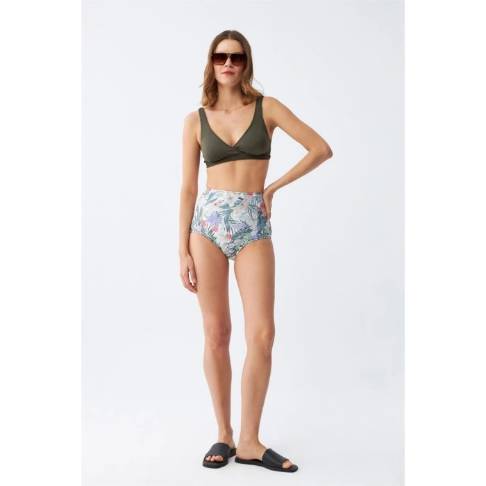 MİRAY- Kadın Haki Pedli Üst ve Yüksek Bel Çiçek Desenli Bikini Takımı