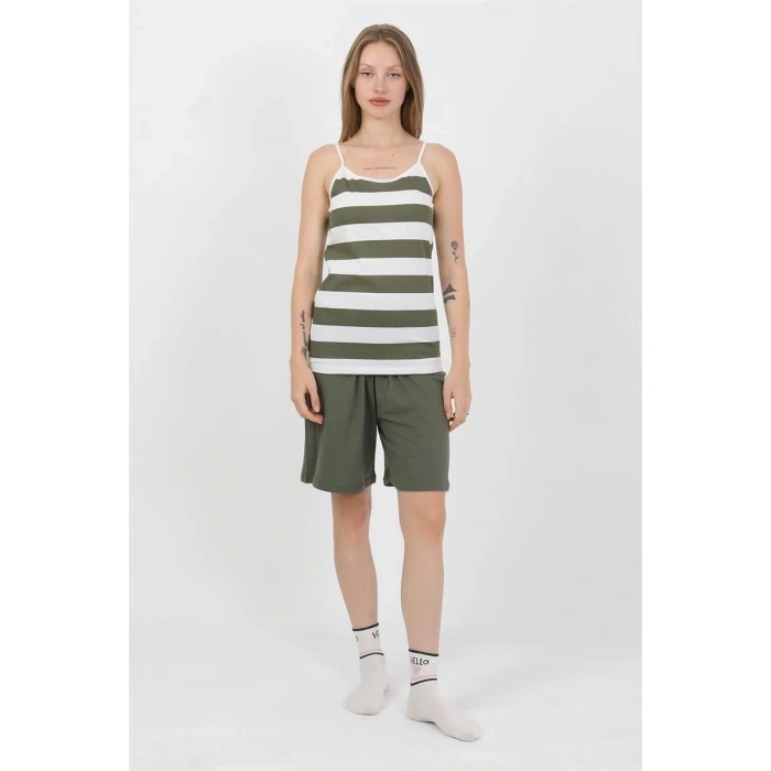 MİRAY- Kadın İp Askılı Pamuk Penye Şortlu Takım Haki