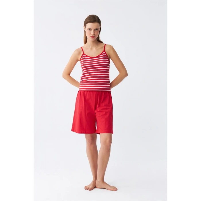 MİRAY- Kadın İp Askılı Pamuk Penye Şortlu Takım Kırmızı