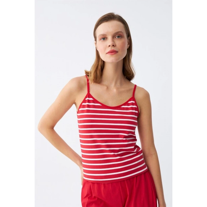 MİRAY- Kadın İp Askılı Pamuk Penye Şortlu Takım Kırmızı