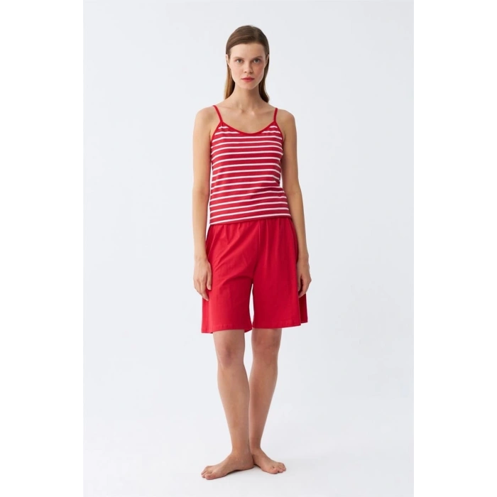 MİRAY- Kadın İp Askılı Pamuk Penye Şortlu Takım Kırmızı