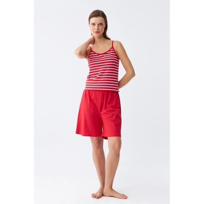 MİRAY- Kadın İp Askılı Pamuk Penye Şortlu Takım Kırmızı