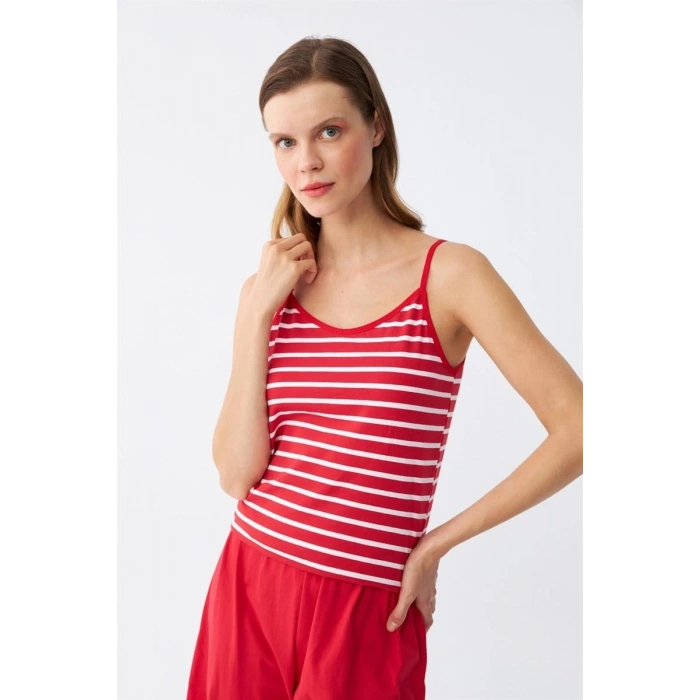 MİRAY- Kadın İp Askılı Pamuk Penye Şortlu Takım Kırmızı