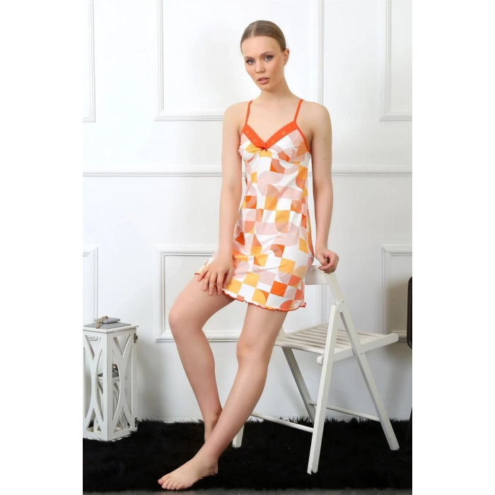 MİRAY- Kadın İp Askılı Penye Gecelik Turuncu