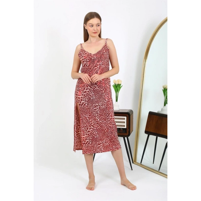 MİRAY- Kadın İp Askılı Uzun Parlak Micro Elbise Gecelik Kırmızı