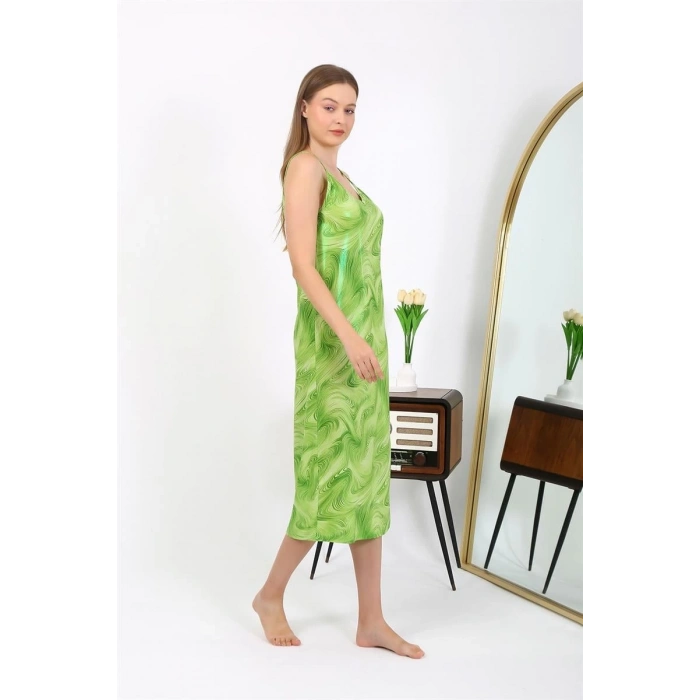 MİRAY- Kadın İp Askılı Uzun Parlak Micro Elbise Gecelik Yeşil