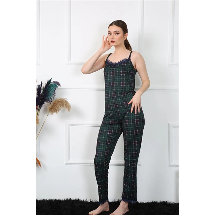 MİRAY- Kadın İp Askılı Yeşil Ekoseli Pijama Takım