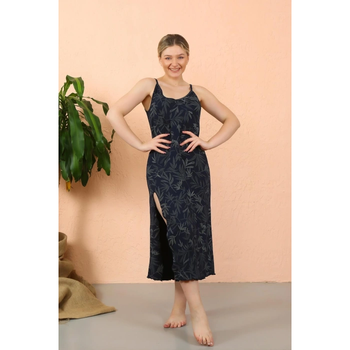 MİRAY- Kadın İp Askılı Yırtmaçlı Uzun Lacivert Gecelik