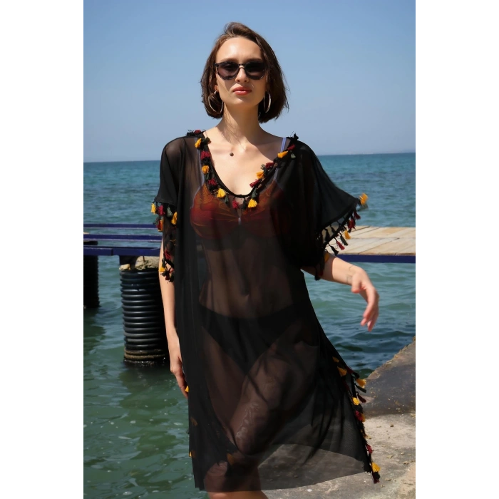 MİRAY- Kadın İşlemeli Tunik Pareo Plaj Elbisesi Siyah