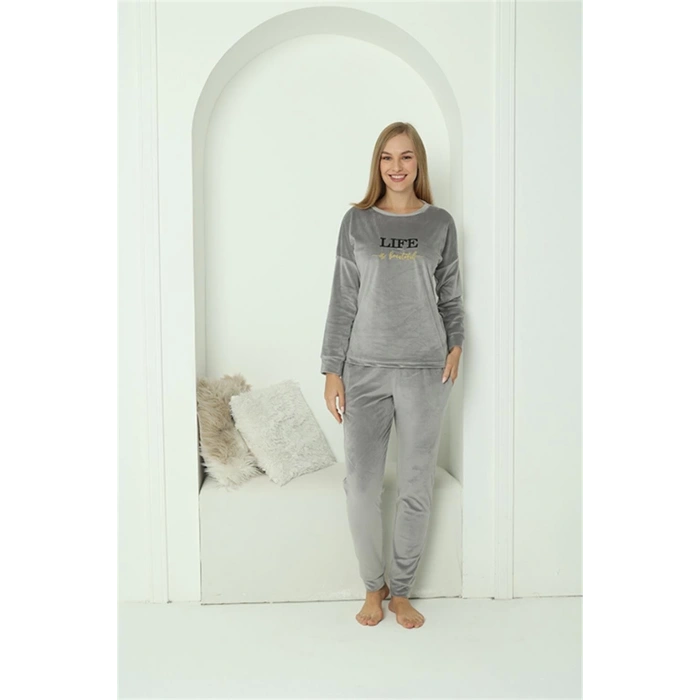 MİRAY- Kadın Kadife Gri Pijama Takım