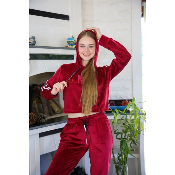 MİRAY- Kadın Kadife Kapşonlu Eşofman Takım Bordo