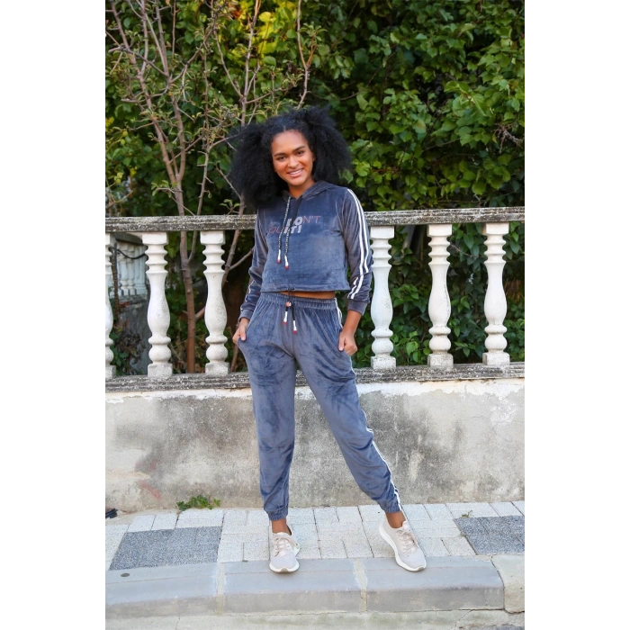 MİRAY- Kadın Kadife Kapşonlu Eşofman Takım Gri