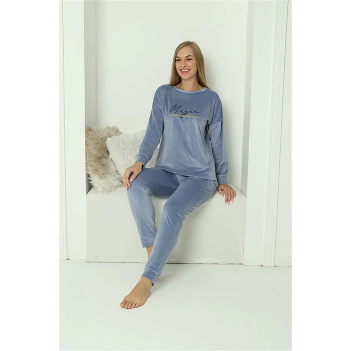 MİRAY- Kadın Kadife Mavi Pijama Takım