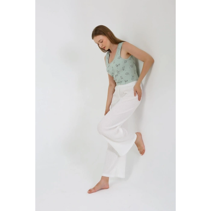 MİRAY- Kadın Kalın Askılı Body Bol Paça Pantolon 2`li Takım Beyaz