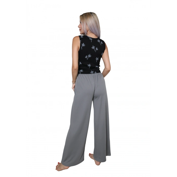 MİRAY- Kadın Kalın Askılı Body Bol Paça Pantolon 2`li Takım Siyah