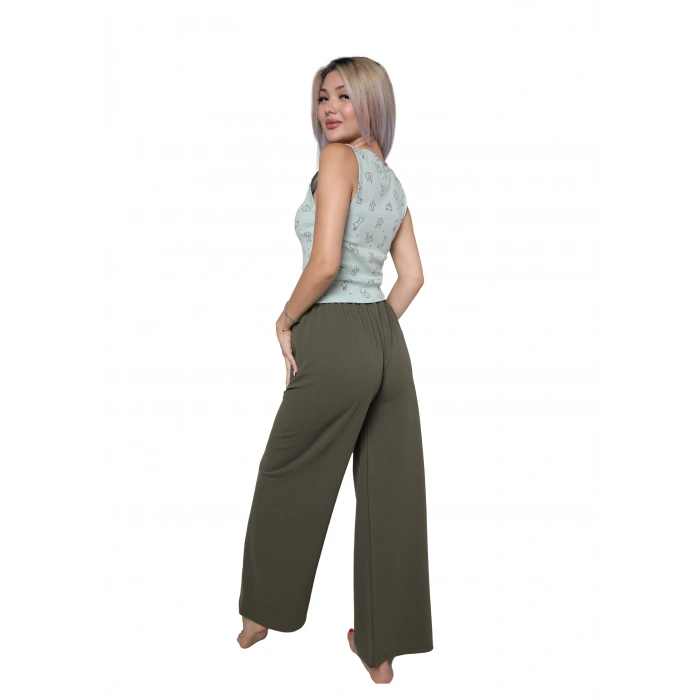 MİRAY- Kadın Kalın Askılı Body Bol Paça Pantolon 2`li Takım Su Yeşili