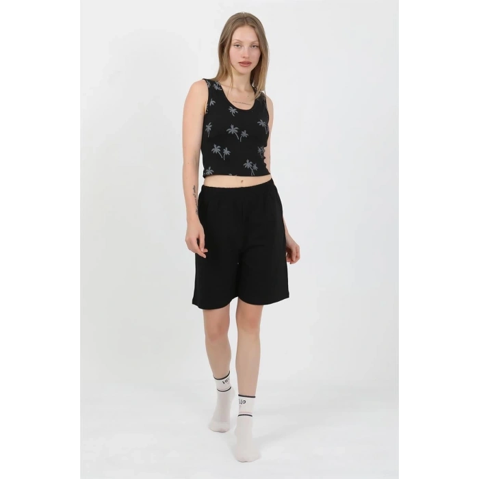 MİRAY- Kadın Kalın Askılı Pamuk Penye Şortlu Crop Takım Siyah