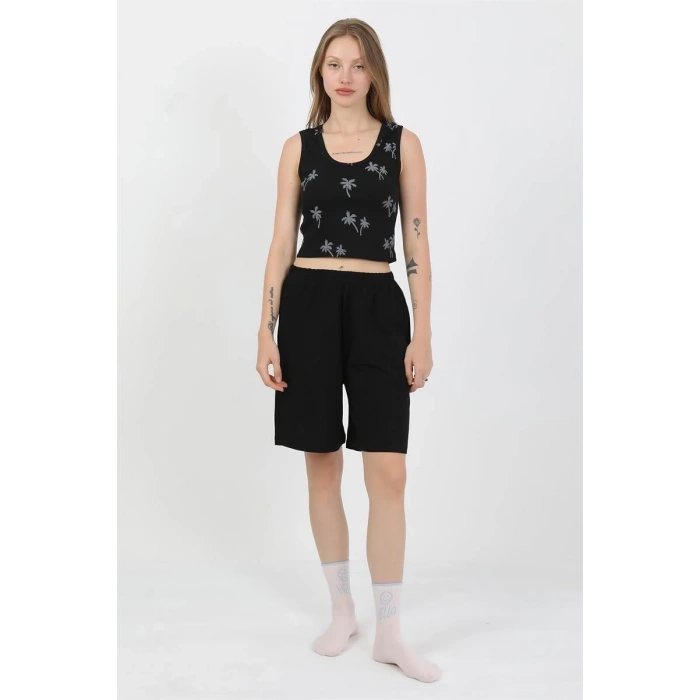 MİRAY- Kadın Kalın Askılı Pamuk Penye Şortlu Crop Takım Siyah
