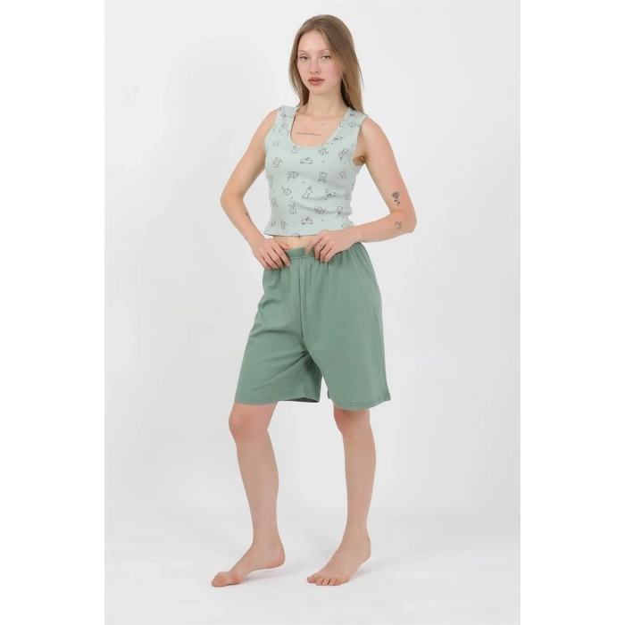MİRAY- Kadın Kalın Askılı Pamuk Penye Şortlu Crop Takım SuYeşili