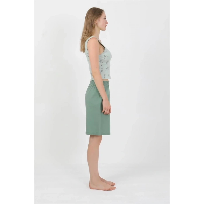 MİRAY- Kadın Kalın Askılı Pamuk Penye Şortlu Crop Takım SuYeşili