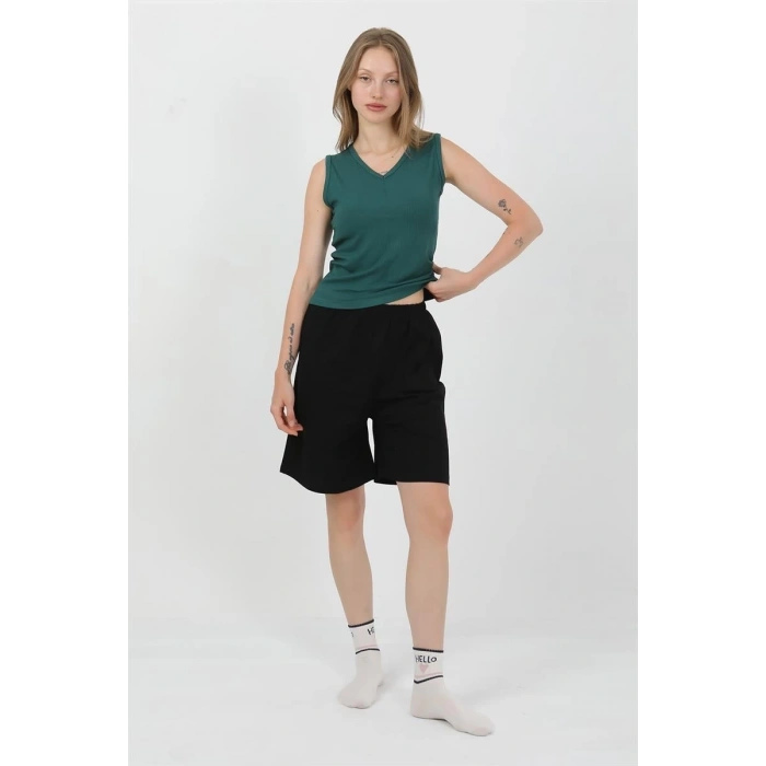 MİRAY- Kadın Kalın Askılı Pamuk Penye Şortlu Takım Yeşil