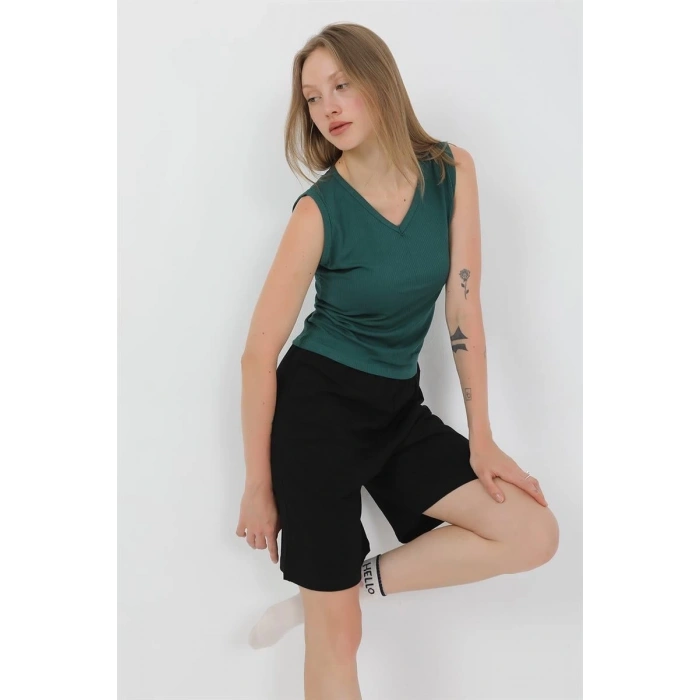 MİRAY- Kadın Kalın Askılı Pamuk Penye Şortlu Takım Yeşil