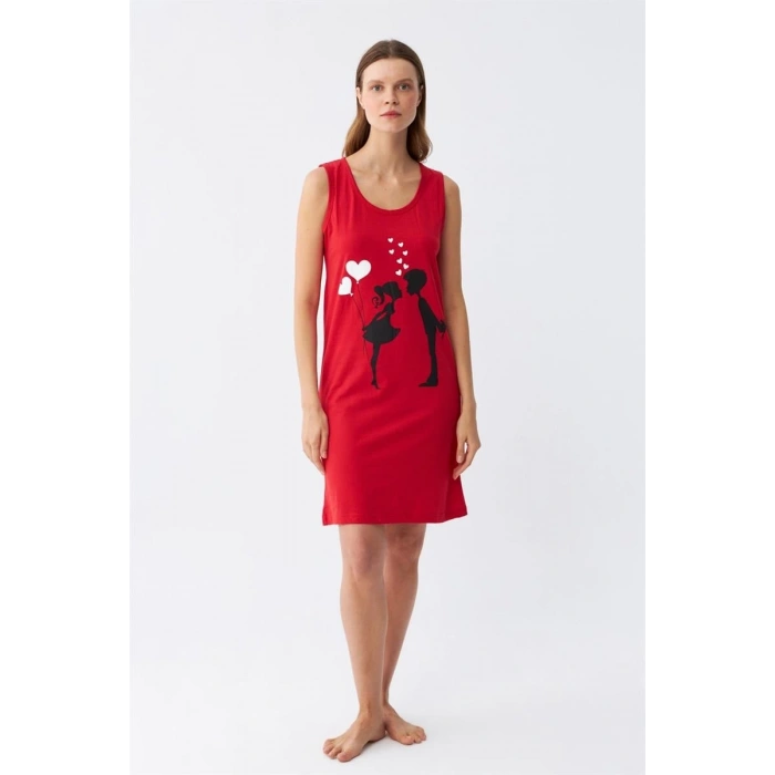 MİRAY- Kadın Kalın Askılı Penye Diz Üstü Kırmızı Gecelik