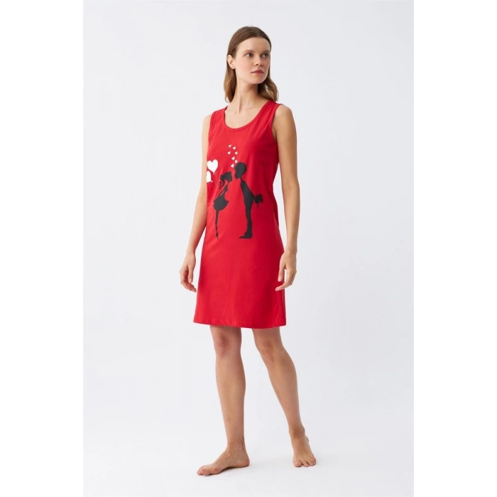 MİRAY- Kadın Kalın Askılı Penye Diz Üstü Kırmızı Gecelik