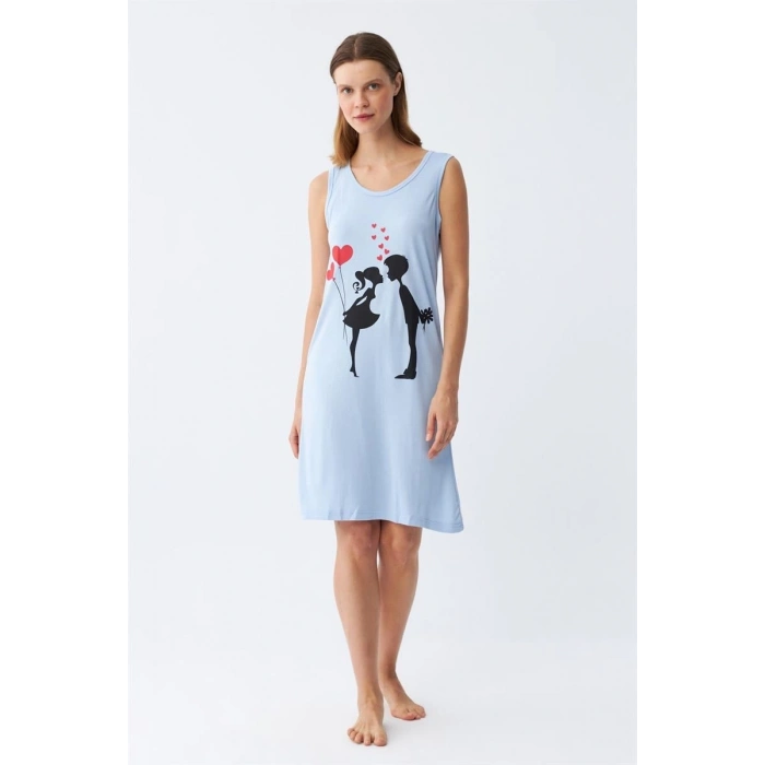 MİRAY- Kadın Kalın Askılı Penye Diz Üstü Mavi Gecelik