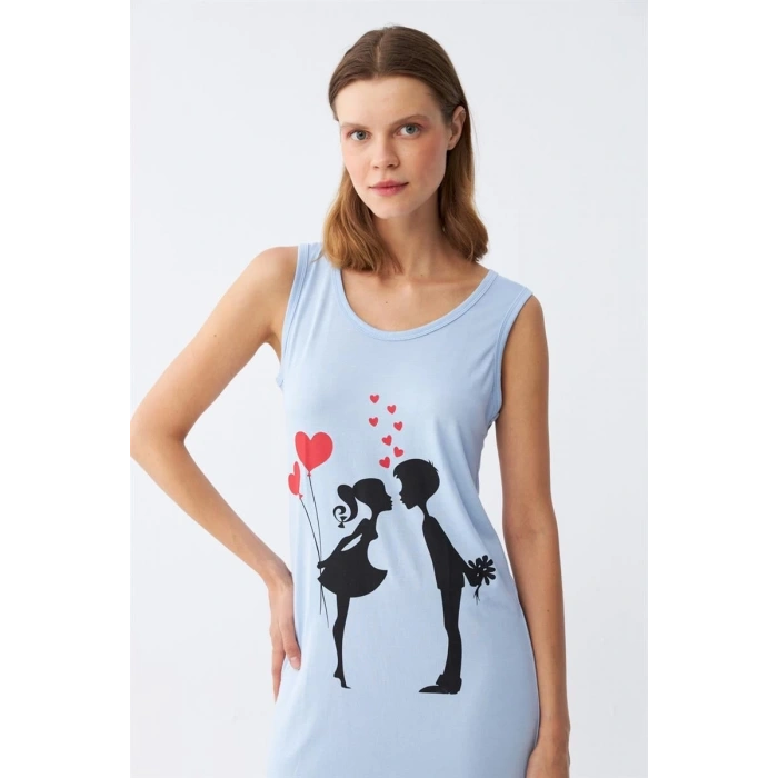 MİRAY- Kadın Kalın Askılı Penye Diz Üstü Mavi Gecelik