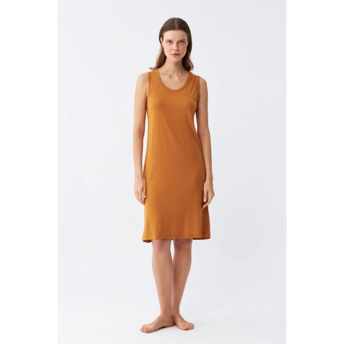 MİRAY- Kadın Kalın Askılı Penye Gecelik Hardal