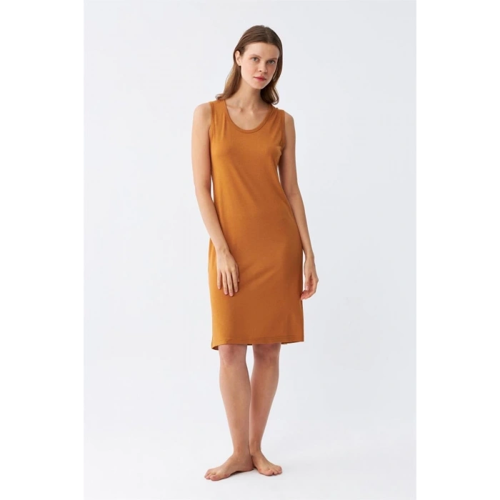 MİRAY- Kadın Kalın Askılı Penye Gecelik Hardal