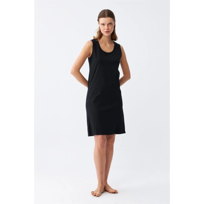 MİRAY- Kadın Kalın Askılı Penye Gecelik Siyah