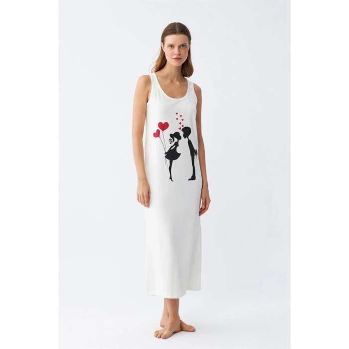 MİRAY- Kadın Kalın Askılı Penye Uzun Ekru Gecelik